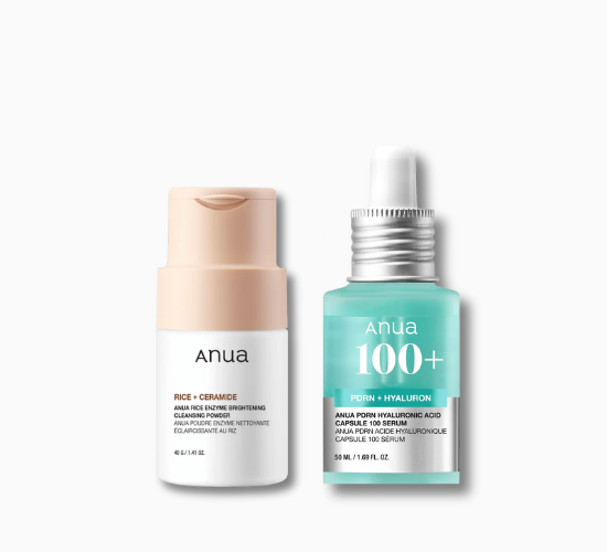 Anua Rice Enzyme Cleansing Powder and PDRN Hyaluronic Serum bundle for brightening and deep hydration. Achieve glass skin with free UAE delivery.